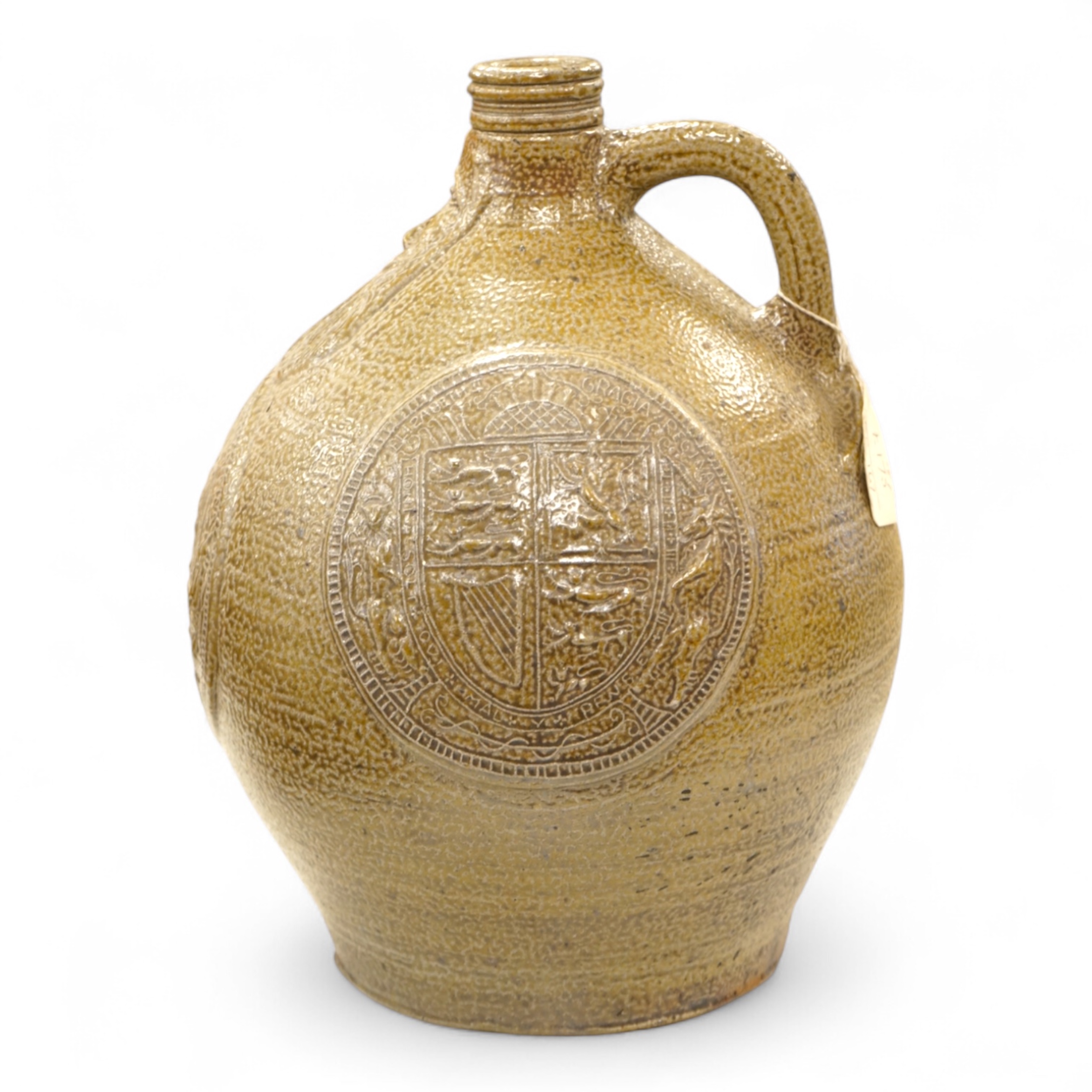 An Elizabeth II coronation commemorative large bellarmine style studio pottery jug, 32cm